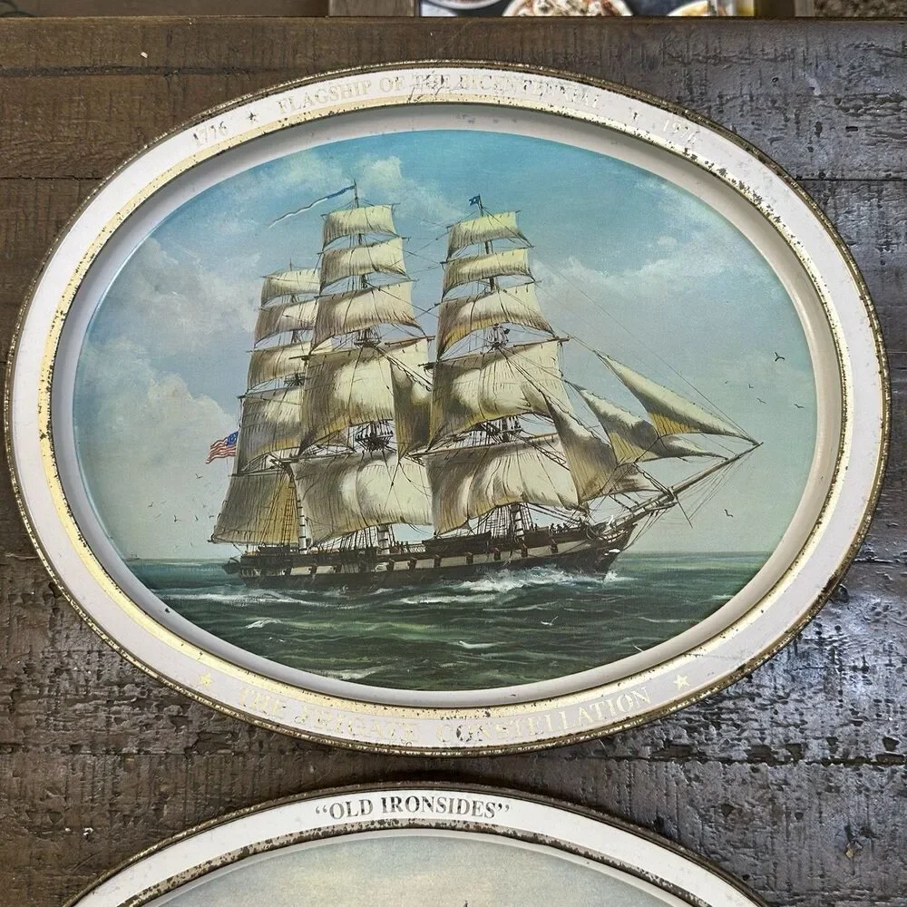 1976 Bicentennial Tray Set – Constellation & Old Ironsides Nautical Decor